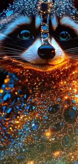 Raccoon adorned with sparkling jewels and vibrant colors.