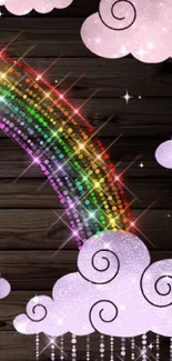 Sparkling rainbow with clouds on wood background wallpaper.