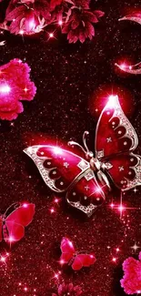 Luxurious red butterfly wallpaper with sparkling accents and floral design.