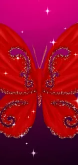 Sparkling red butterfly on pink-purple gradient background.