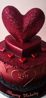 Sparkling red heart-shaped cake with intricate design.