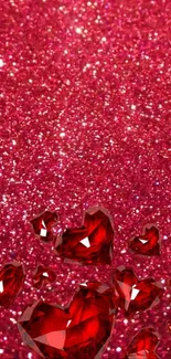 Sparkling red hearts on a glittery background.