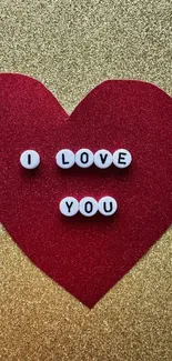 Red heart on a gold glitter background with 'I Love You' text.