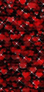 Mobile wallpaper with sparkling red hearts on a dark background.