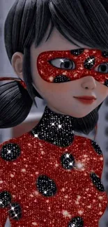 Animated hero in a sparkling red and black costume, set against a city backdrop.