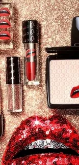 Glamorous wallpaper with red lips on a glittery background, perfect for fashion lovers.