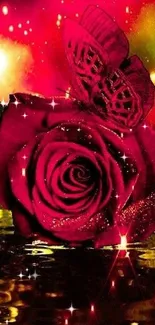 Stunning red rose with butterfly and golden glow background wallpaper.