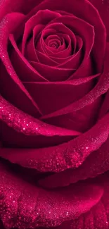 Close-up of a sparkling red rose with shimmering petals.