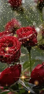 Mobile wallpaper featuring sparkling red roses with a green background.