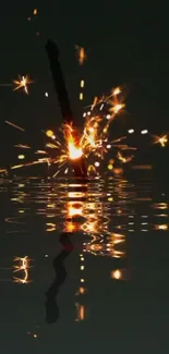 Sparkler reflecting on dark water surface.