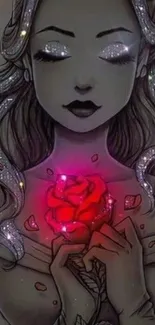 Mystical figure holding a sparkling, glowing rose.