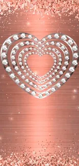 Rose gold heart wallpaper with sparkling diamonds.