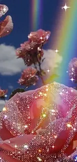 Sparkling rose with rainbow beams in vibrant sky wallpaper.