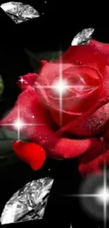 Red rose with diamonds against a dark background, shining brightly.