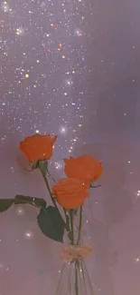 Orange roses in a vase with sparkling glitter background.