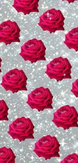 Mobile wallpaper with red roses on a sparkling silver background.