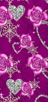 Purple background with roses and glitter hearts.