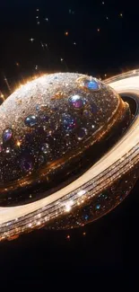 Saturn with sparkling jewels in cosmic art style.