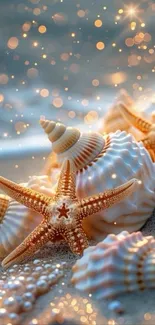Sparkling seashells and starfish on a sandy beach background with gentle lights.