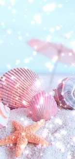 Sparkling pink seashells on sandy beach with gentle sparkles.