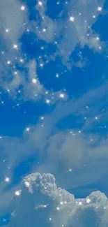 Sparkling stars in a blue sky with fluffy clouds.