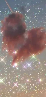 Heart-shaped clouds with sparkling stars in the sky.