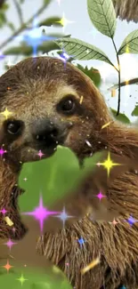 Cute sloth with sparkles on forest leaves.