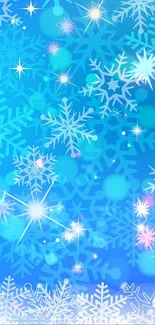 Snowflake mobile wallpaper with blue background and sparkling effect.