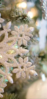 Glittery snowflake ornament with festive lights.