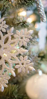 Close-up of a glittery silver snowflake ornament on a holiday tree.