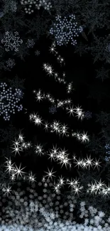 Twinkling snowflakes forming a glowing Christmas tree on a dark background.