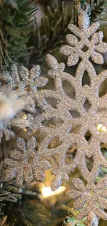 Intricate silver snowflake ornament on a festive background.