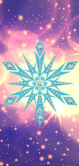 Mobile wallpaper with a blue snowflake on a sparkling purple background.