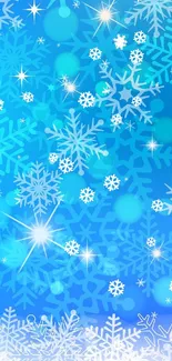 Blue wallpaper with sparkling white snowflakes.