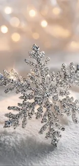 Close-up of sparkling snowflake ornament in winter setting.