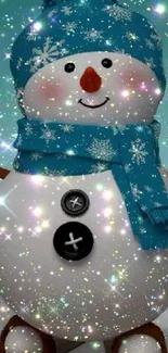 Sparkling snowman with blue scarf and hat in winter scene.