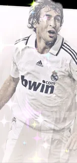 Soccer player in white jersey with sparkling effects.