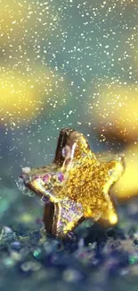 Golden star surrounded by blue glitter sparkles.