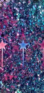 Colorful starry glitter wallpaper with pink, blue, and purple sparkling stars.