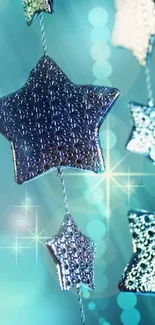 Mobile wallpaper with sparkling silver stars on a teal background.