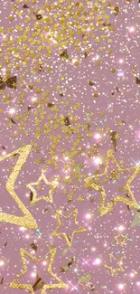 Gold star glitter on pink background, creating a vibrant phone wallpaper.