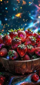 Colorful sparkling strawberries in wooden bowl with cosmic background.