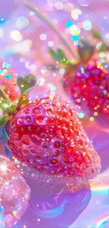 Vibrant pink strawberries with sparkles and colorful background.