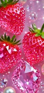 Sparkling strawberries and gems with a pink background.