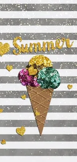 Striped wallpaper with sequined ice cream and golden summer text.