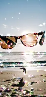 Sunglasses capturing a sparkling beach with sunlit ocean.