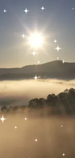 Sparkling sunrise over misty hills wallpaper with bright sun.