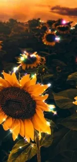 Bright sunflowers glowing under a sparkling sunset.