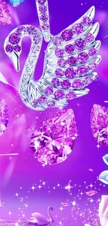 Elegant purple swan with sparkling gems on a vibrant background.