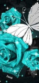 Teal roses and a silver butterfly sparkle on a dark background.